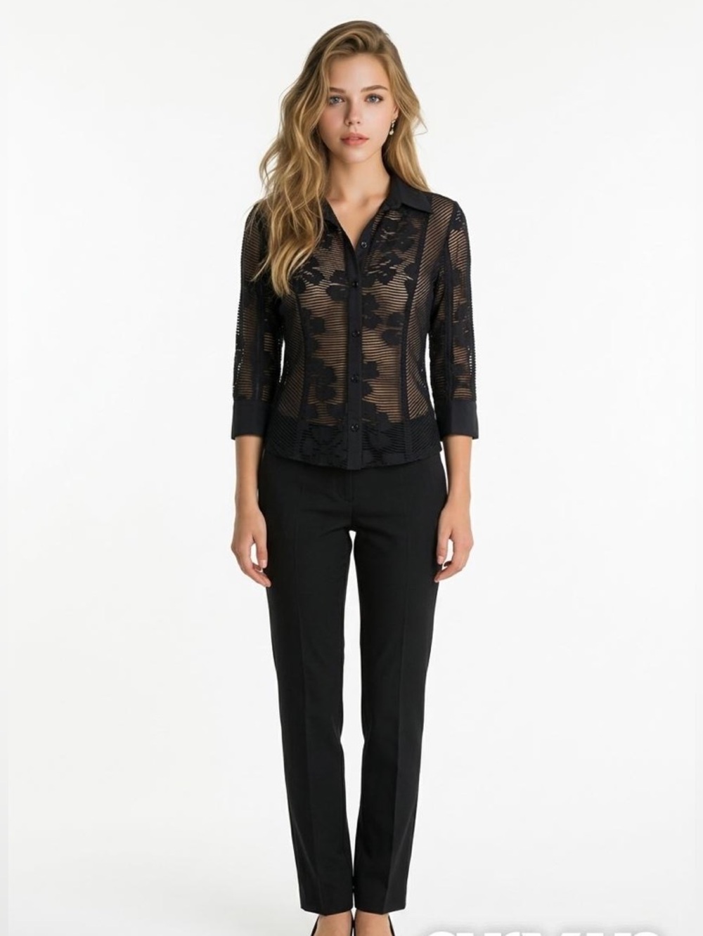 Vintage Women’s Sz M Black Sheers Top Button Up - Picture 2 of 16